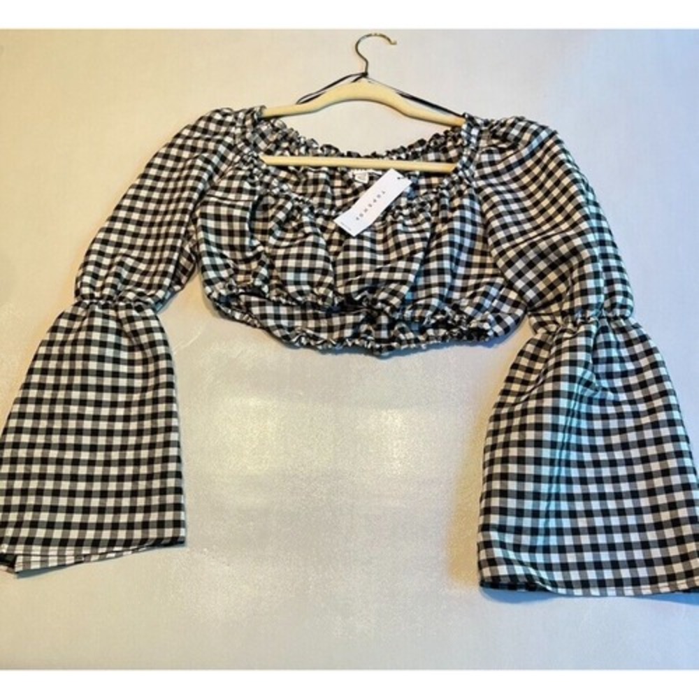 Topshop Petite Gingham Check Crop‎ Top Bell Sleeve US 4 UK 8